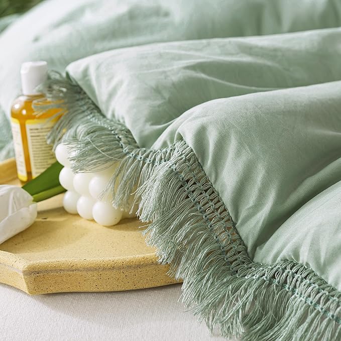 Andency Twin Comforter Set Sage Green, 2 Pieces Kids Comforter Sets for Boys Girls Teens, Boho Tassel Lightweight Winter Fluffy Bed Set (66x90In Comforter & 1 Pillowcase)