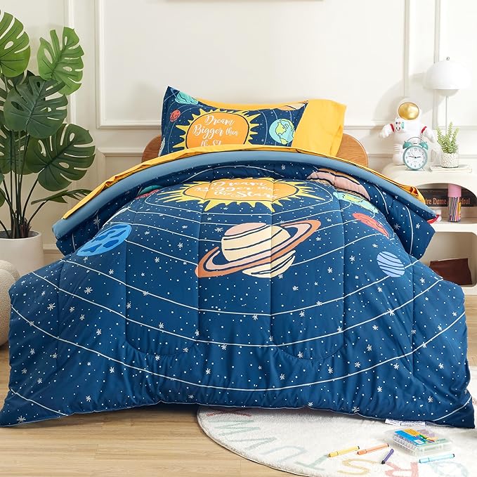 SLEEP ZONE Kids 7-Piece Soft Lightweight Bed in a Bag for Boys, Include Comforter, Flat Sheet, Fitted Sheet, Pillow sham, Pillowcase, Down Alternative Comforter Set(Solar System, Full/Queen)