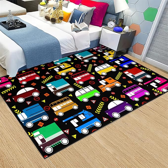 Car Play Mat Kids Rugs for Playroom Car Track Rug Kids Mat Construction Play Mat Car Play Rug Car Carpet for Kids Carpet for Bedroom Truck Rugs for Boys Room,Black 4'×5'