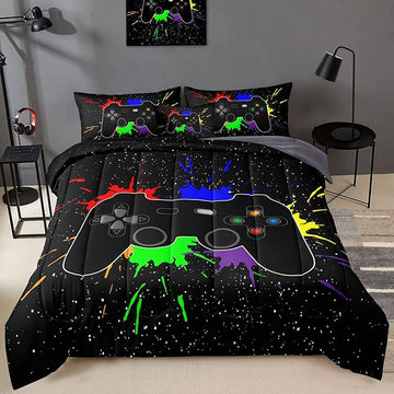 Boys Bed in a Bag Game Comforter Sets Queen Size,Video Game Controller Comforter for Boys Kids Adult 3D Gamepad Microfiber bed Set 6 Pieces Gaming bedding set 3001,Queen