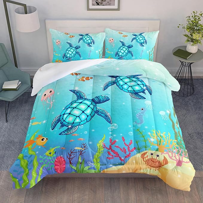Turtle Comforter Set Full Ocean Watercolor Sea Turtle Bedding Set Nautical Sea Animal Reptile Bed Set with 2 Pillowcases for Kids Room Decor