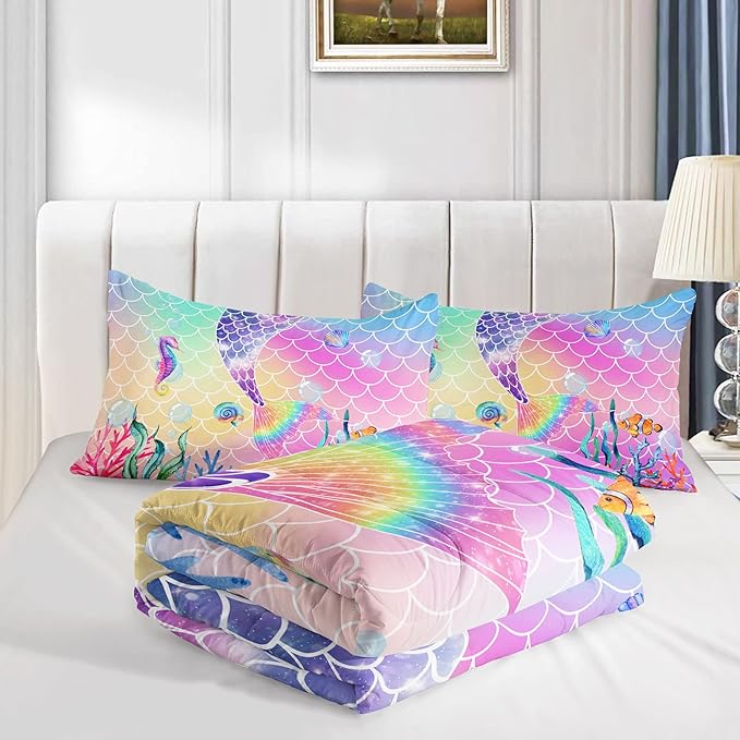 Bedding Comforter Set Rainbow Pink Mermaid Tail Printed Pattern Quilt with 1 and 2 Pillowcases for Girls Bedroom All Season(Rainbow Twin) Twin 68x86inches