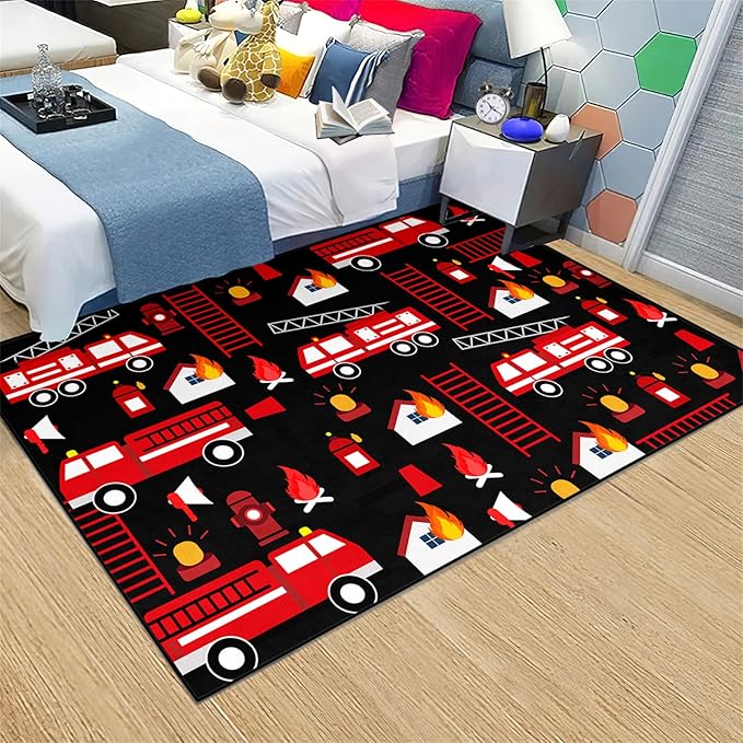 Car Play Rug Fire Fighting Truck Area Rug Car Rug Play Mat Kids Rugs for Playroomcar Rug for Boys Room Carpet Floor Mat for Bedroom Living Room,Black 4'×5'