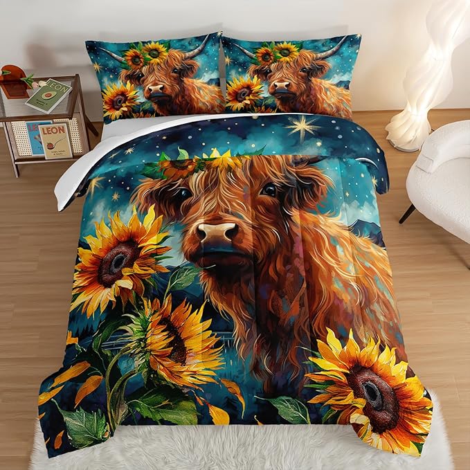 HOSIMA Highland Cow Comforter Set,Western Farmhouse Animals Cow and Sunflower Print Bedding Set 3Pcs with 2 Pillowcases,Galaxy Star Moon Comforter,Floral Comforter Full Size Bed in a Bag Set.