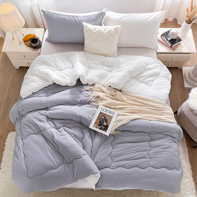 COTTEBED Winter Reversible Queen Bed Comforter Set, Warm Milk Cup Ultra-Soft Breathable Fluffy Cosy Full Size Bedding 1 Down Alternative Comrter & 2 Pillow Sham Winter Use Gray and White