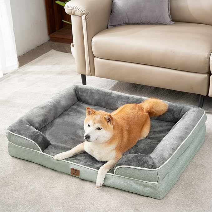EHEYCIGA Orthopedic Dog Beds for Large Dogs, Waterproof Memory Foam Large Dog Bed with Sides, Non-Slip Bottom and Egg-Crate Foam Large Dog Couch Bed with Washable Removable Cover, Greyish Green