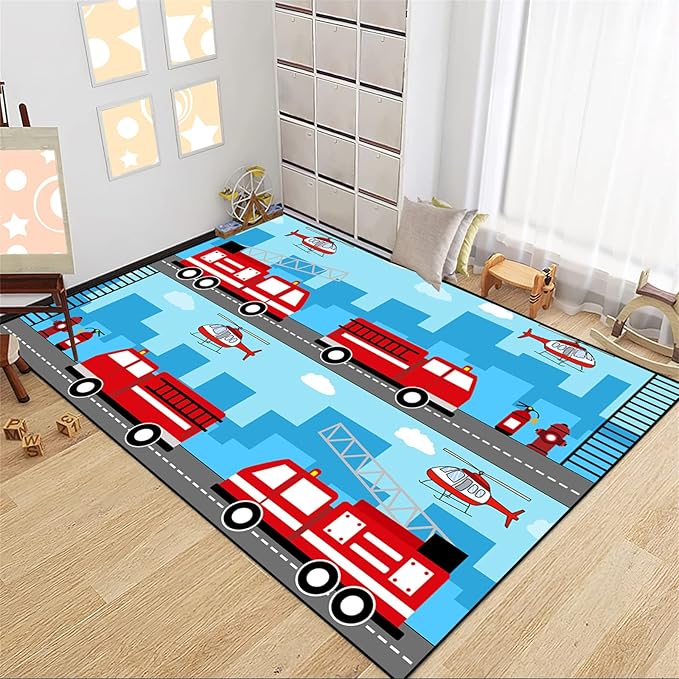 Car Rug Play Mat Car Rug Play Mat Car Rug for Boys Room Fire Fighting Truck Red Car Printed Rug Play Rug for Cars and Trucks Play Rugs for Kids Rooms,Light Blue 5'×7'