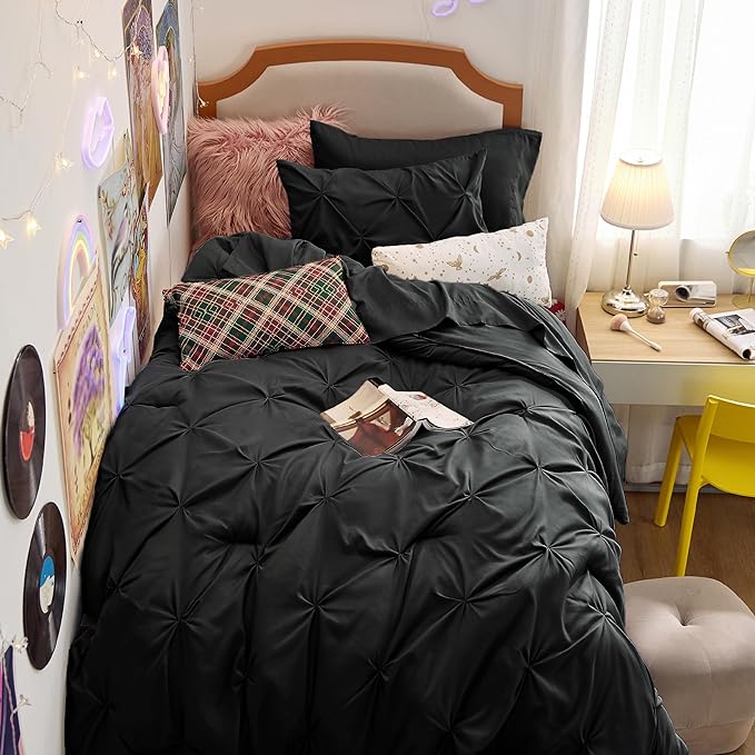 Bedsure Black Twin Comforter Set with Sheets - 5 Pieces Twin Bedding Sets, Pinch Pleat Twin Bed in a Bag with Comforter, Sheets, Pillowcase & Sham