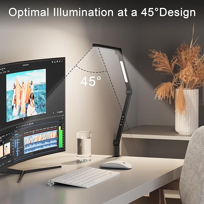 LED Desk Lamp with Clamp, Adjustable Swing Arm, Dual Light Sources, Stepless Dimming, Modern Table Light for Home Office, Work, Study, Flexible, Eye-Caring Clip-on Desk Light