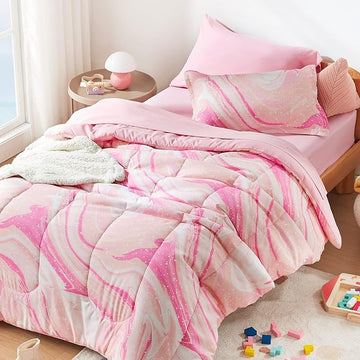 SLEEP ZONE Kids Bedding Comforter Set Full/Queen Size - 7 Pieces Super Cute & Soft Bedding Sets & Collections with Comforter, Sheet, Pillowcase & Sham - Fade Resistant Easy Care (Ice Cream Pink)