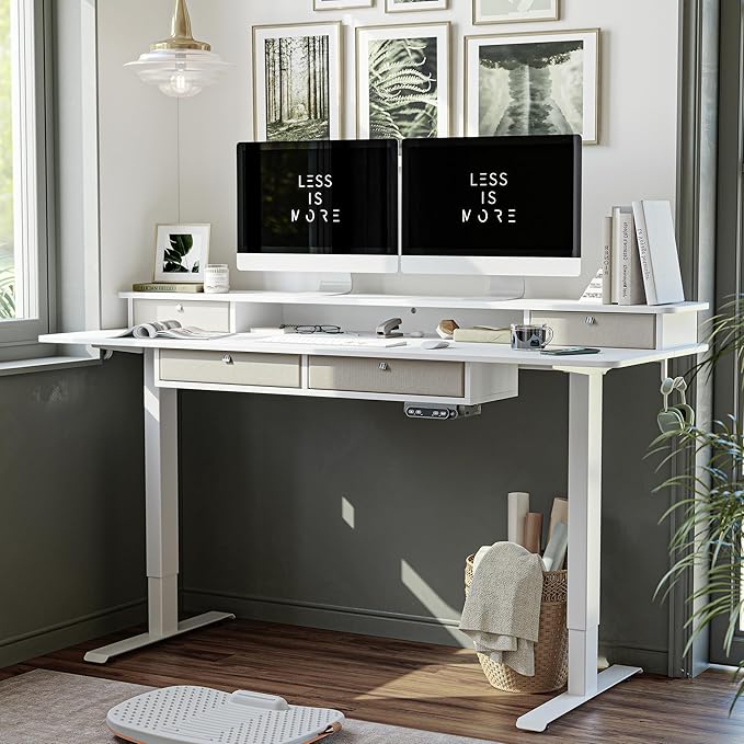 BANTI Height Adjustable Electric Standing Desk with 4 Drawers, 55 x 24 Inch Table with Storage Shelf, Sit Stand Desk, White Top
