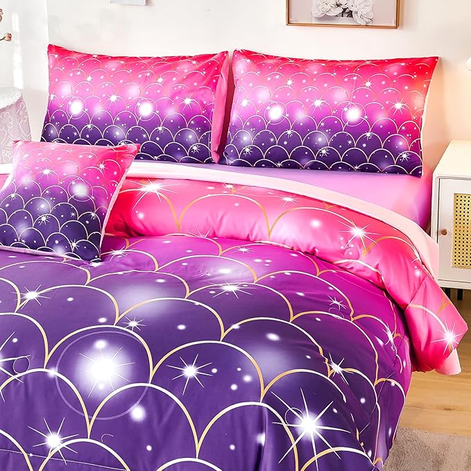 URBONUR 6Pcs Twin Comforter Set for Girls Pink and Purple Mermaid Printed Kids Bedding Set, Soft Microfber Gilrs Twin Bed Sets