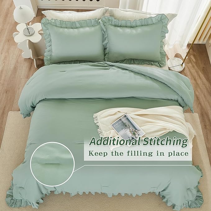 Andency Sage Green Comforter Set Full, 3 Pieces Lightweight Soft Ruffle Bed Comforter, Farmhouse Rustic Fluffy Microfiber Down Alternative Bedding Set (79x90Inch Comforter)