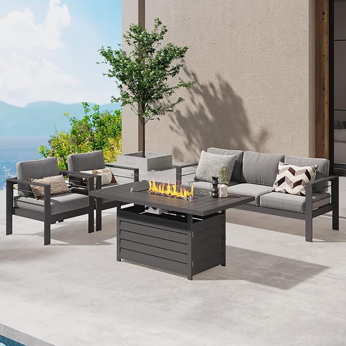 Wisteria Lane Aluminum Patio Furniture Set, 4 Pcs Metal Outdoor Furniture Set with CSA Certified 54in Propane Gas Fire Pit Table, Patio Conversation Set with 5in Olefin Cover Cushions, Dark Grey