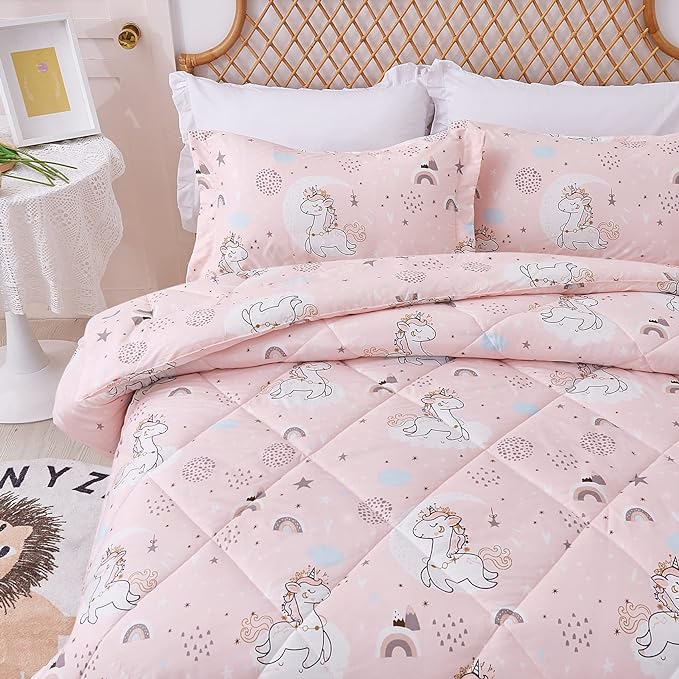 JSD Pink Unicorn Kids Comforter Set for Girls, 2 Pieces Twin Microfiber Comforter with Pillow Sham, Soft Comfortable Machine Washable