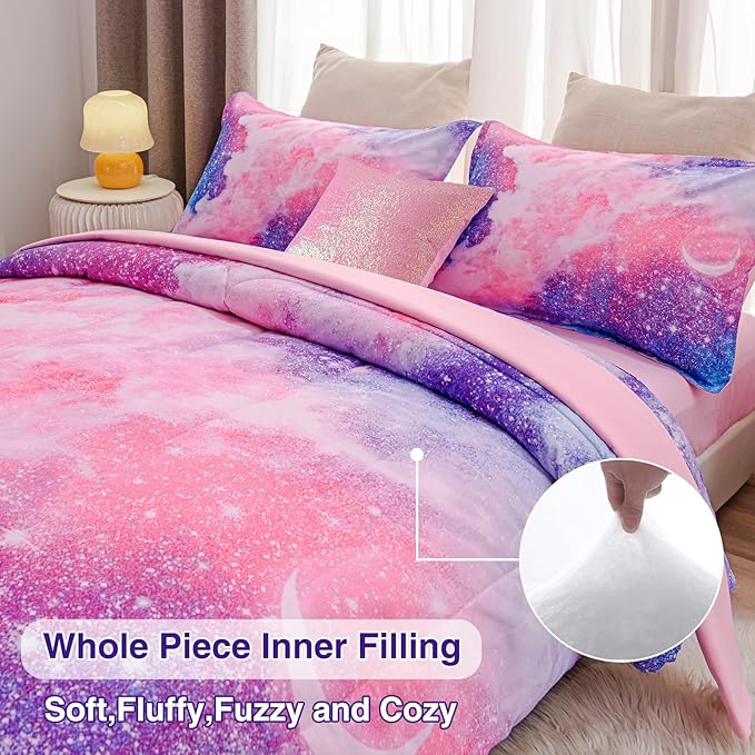 A Nice Night Galaxy Bedding Sets Outer Space Comforter 3D Printed Space Quilt Set Queen 6Pcs Glitter Pink,for Children Boy Girl Teen Kids
