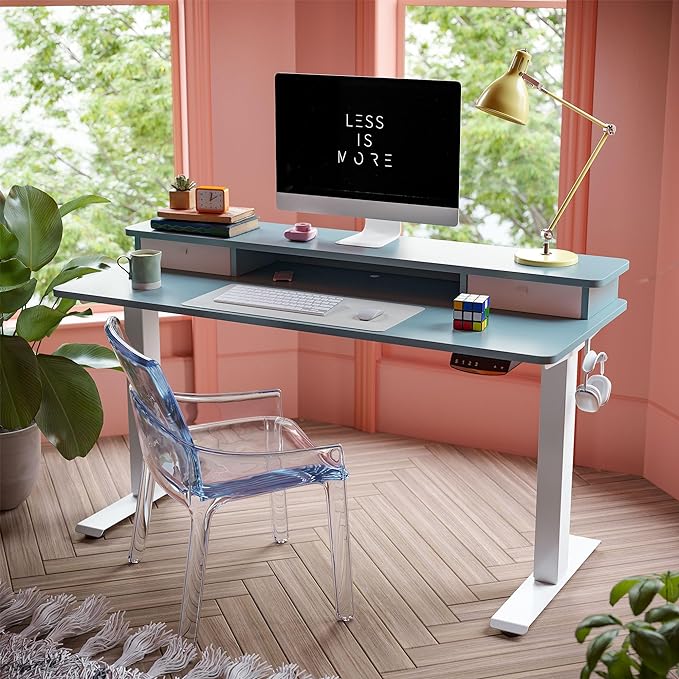 FEZIBO 48 x 24 Inch Height Adjustable Electric Standing Desk with Double Drawer, Stand Up Desk with Storage Shelf, Sit Stand Desk, Blue
