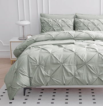 LANE LINEN California King Comforter Set, 7 Piece Cal King Bed in a Bag, Pintuck Cal King Bedding Set, Soft Cali King Bed Set, Cal King Bed Comforter Sets with Sheets, Pillowcases & Shams - Mineral