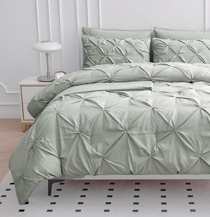 LANE LINEN California King Comforter Set, 7 Piece Cal King Bed in a Bag, Pintuck Cal King Bedding Set, Soft Cali King Bed Set, Cal King Bed Comforter Sets with Sheets, Pillowcases & Shams - Mineral