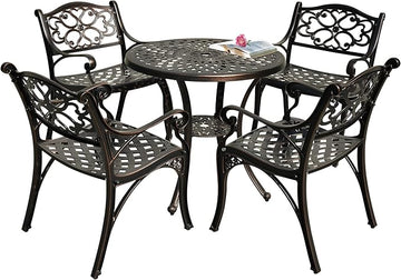 DWVO 5 Piece Outdoor Furniture Cast Aluminum Patio Dining Sets, All-Weather Patio Bistro Sets with 4 Chairs, 30 Inches Round Table with Umbrella Hole, Adjustable Feet for Balcony Backyard Deck Garden