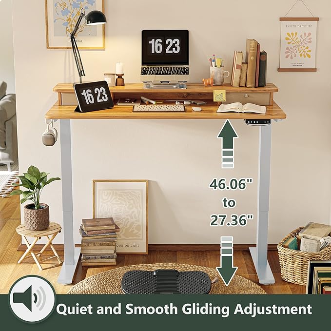 FEZIBO 48 x 24 Inch Height Adjustable Electric Standing Desk with Double Drawer, Stand Up Desk with Storage Shelf, Sit Stand Desk, Light Rustic
