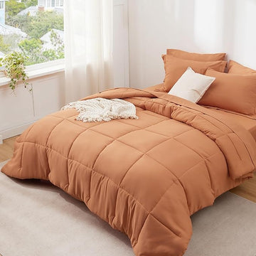 Bedsure Burnt Orange Twin XL Comforter Set - 5 Pieces Solid Twin XL Bed in a Bag for College, Twin XL Bed Set Burnt Orange with Comforters, Sheets, Pillowcase & Sham, Extra Long Twin Comforter Set