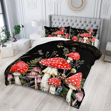 Red Mushroom Kawaii Comforter Set Full Size Kids Mushroom Dragonfly Bedding Set Botanical Plant Theme Print Quilt Bed Set for Boys Girls Adults with 1 Comforter and 2 Pillowcases