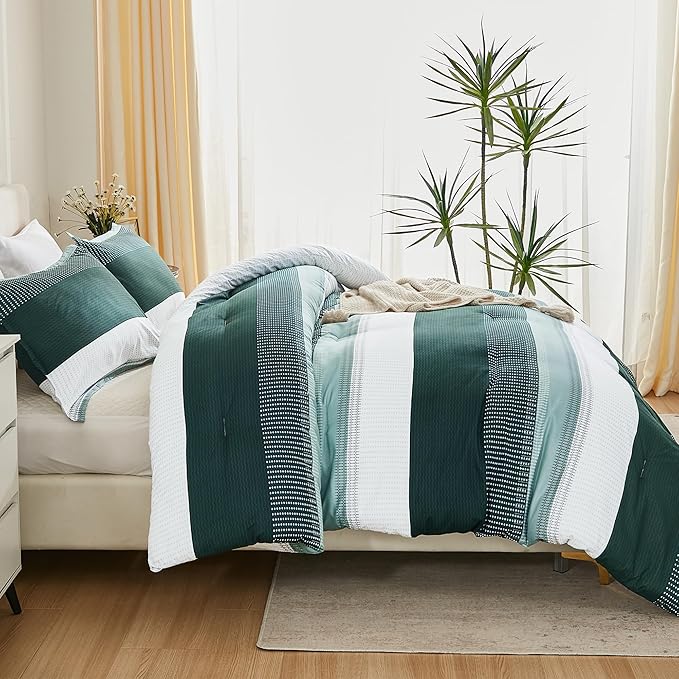 Litanika Dark Emerald Green Bed Comforter Full Set, 3 Pieces Hunter Green Bedding Set, Colorblock Stripe Vintage Style (79x90In Comforter & 2 Pillowcases)