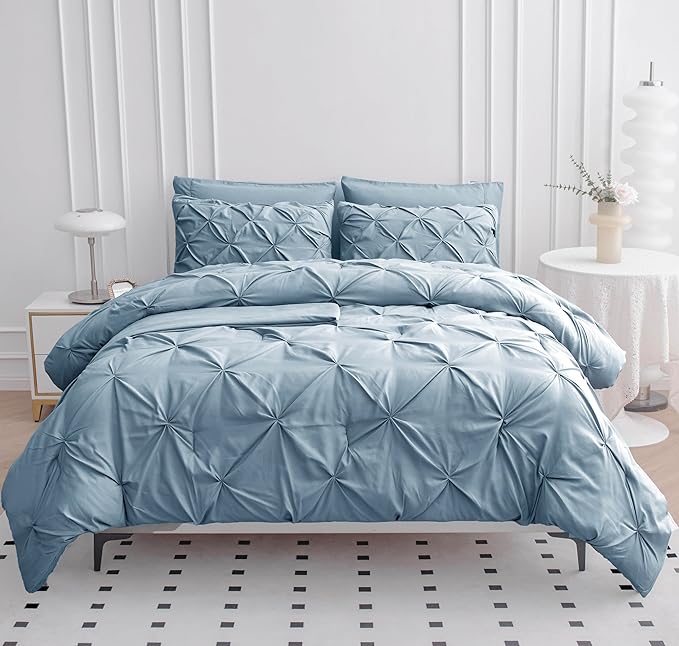 Lane Linen California King Comforter Set, 7 Piece Cal King Bed in a Bag, Pintuck Cal King Bedding Set, Soft Cali King Bed Set, Cal King Bed Comforter Set with Sheets, Pillowcases & Shams - French Blue