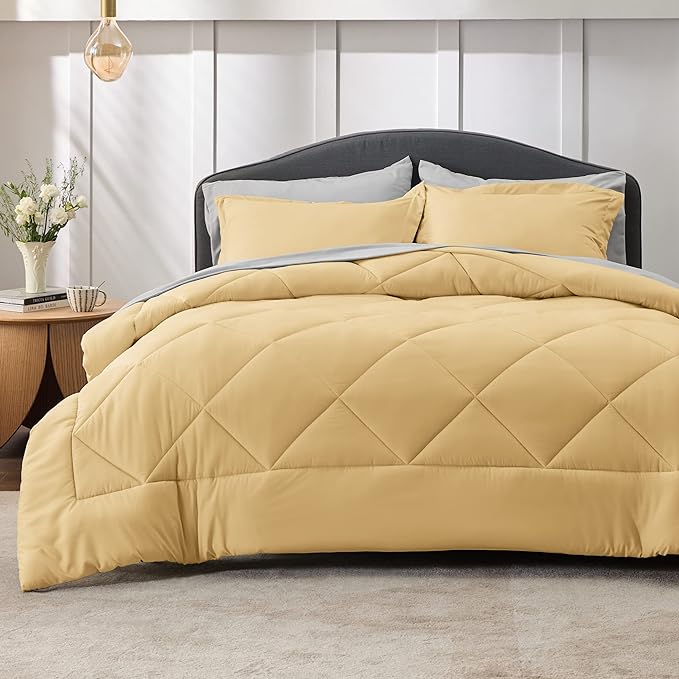 Bedsure Yellow King Size Comforter Set - 7 Pieces Reversible King Bed in a Bag King Bed Set with Comforters, Sheets, Pillowcases & Shams, King Bedding Sets