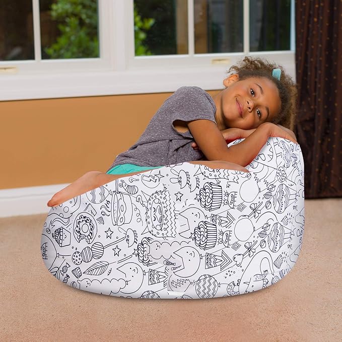 Posh Creations Bean Bag Chair for Kids, Teens, and Adults Includes Removable and Machine Washable Cover, Canvas Coloring Fabric - Fun Creatures, 27in - Medium