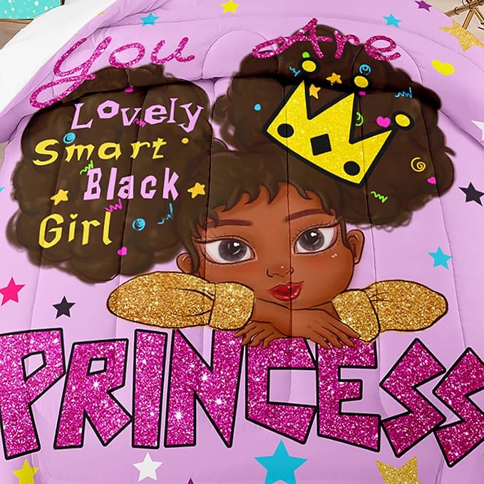 Black Girl Comforter Set Queen African Black Girls Comforter Sets Queen Princess Queen Bedding Set Cute Black Girls Princess Room Decor Bedding Set, Queen (1 Comforter 2 Pillowcases)