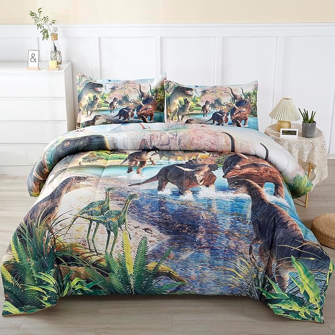 WINLIFE Dinosaur Bedding Full Comforter Set - Super Soft & Fun Jurassic Dino Pattern Bedding Comforter Set All Seasons for Boys Teens - Easy Wash Bed Set, 3D Dinosaur Print
