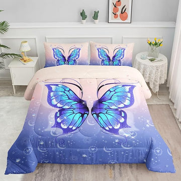 Datura home Bedding Comforter Set Pink Purple Butterfly Printed Pattern Quilt with 1 and 2 Pillowcases for Girls Bedroom All Season(Butterfly Full) Full 80x90inches