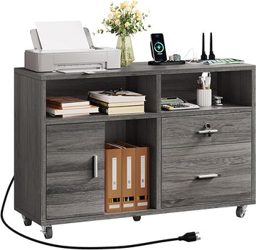 DWVO 2 Drawer File Cabinet with Charging Station, Mobile Filing Cabinet with Lock, Grey
