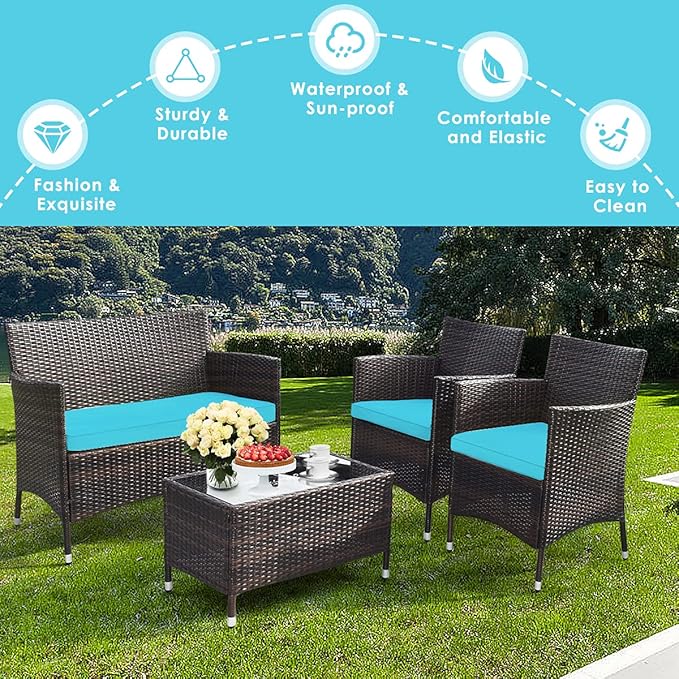 Goplus 4-Piece Rattan Patio Set, Outdoor/Indoor Wicker Conversation Set for Pool, Backyard, Lawn, Wicker Chairs and Sofa with Soft Cushion, Rattan Furniture with Tempered Glass Coffee Table