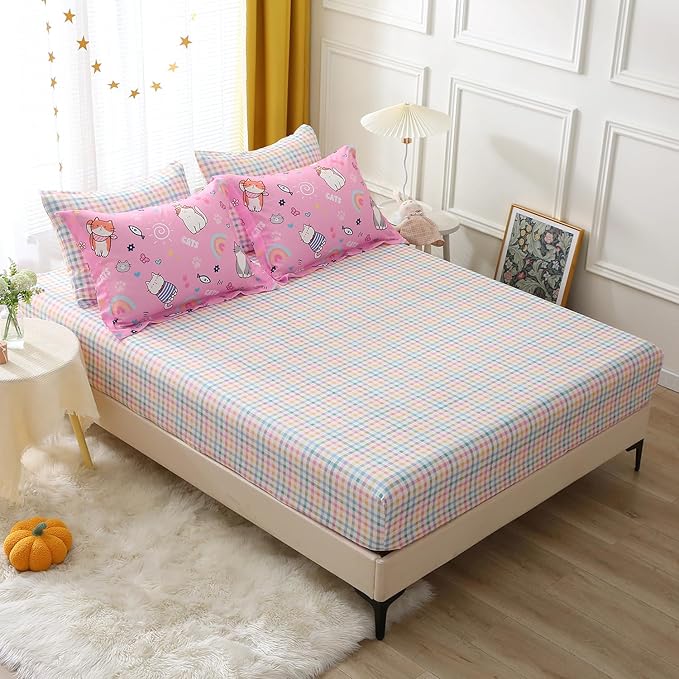 Pink Cats Comforter Set Twin Size for Girls Kids Teens 7 Piece Cute Animal Fish Butterfly Bed in A Bag Cartoon Rainbow Star Sun Heart Bedding Set All Season Lightweight