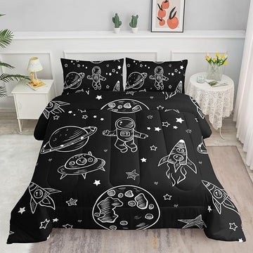 Datura home Kids Space Astronaut Comforter Set for Boys Kids Children,Galaxy Space Ship Astronaut Rocket Printed Bedding Set with 1 Comforter & 2 Pillowcases(Space Galaxy Queen), Queen 90x90inches