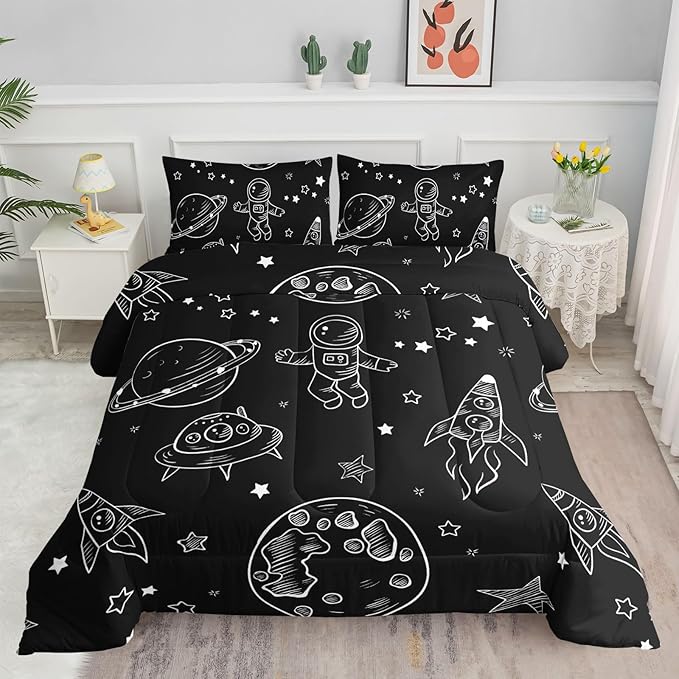 Datura home Kids Space Astronaut Comforter Set for Boys Kids Children,Galaxy Space Ship Astronaut Rocket Printed Bedding Set with 1 Comforter & 2 Pillowcases(Space Galaxy Queen), Queen 90x90inches
