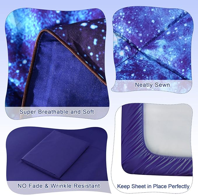 Wowelife Galaxy Bedding Sets for Girls and Boys 5-Piece Queen Size, Premium 3D Outer Space Galaxy Comforter Set Blue, Comfortable and Soft for Kids and Adults(Queen-5 Piece, Blue Galaxy)