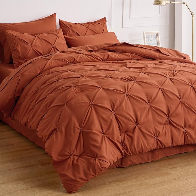 Bedsure King Size Comforter Set - Bedding Set King 7 Pieces, Pintuck Bed in a Bag Burnt Orange Bed Set with Comforter, Sheets, Pillowcases & Shams