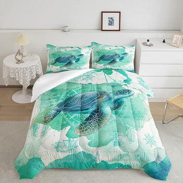 CVHOUSE Sea Turtle Bedding Set,Sea Turtle Comforter Full,Ocean Bohemia Comforter Set for Boys Kids Girls,Ocean Quilt Set with 1 Comforter and 2 Pillow Cases