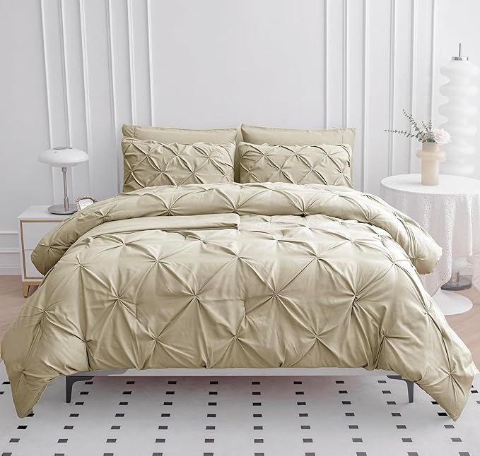 LANE LINEN Twin XL Comforter Set, 5 Piece Twin XL Bedding Set, Pintuck Twin XL Bed in a Bag, Twin XL Bed Set, Twin XL Bed Comforter Set with Sheets, Pillowcase & Sham, Bedding Comforter Sets - Linen