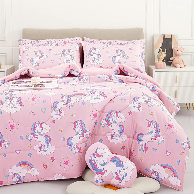Mooreeke Kids Comforter Bed Set Twin Size for Girls, 6 Pieces Bed in a Bag with Shams, Sheet Set, Pink Unicorn Double Soft Microfiber Kids Comforter Bedding Set