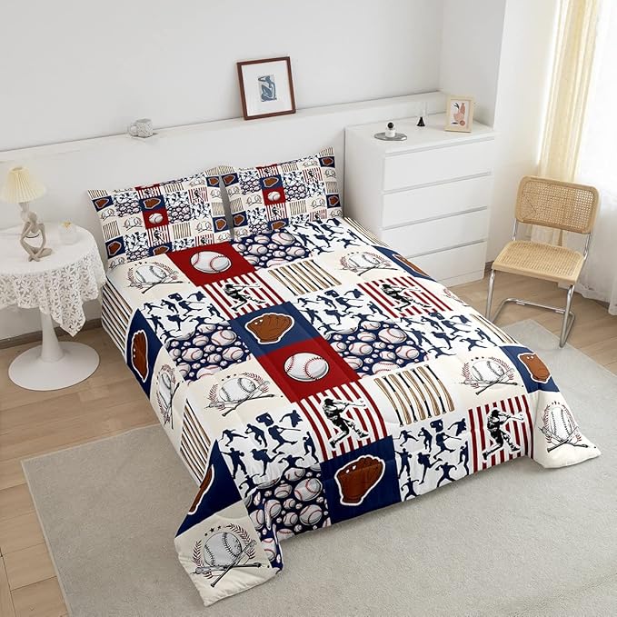 Erosebridal Kids Baseball Full Comforter Set for Boys,Teen Baseball Athlete Bedding Set Room Decor Sports Theme Bed Comforter Sets Baseball Bat Gloves Quilt Duvet with 2 Pillow Cases Red Navy Blue
