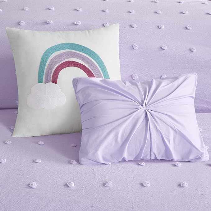 Callie Cotton Jacquard Weave Colorful Pom Pom Kids Comforter sets, Down Alternative Shabby Chic All Season Girls Bedding, Bedroom Decor, Twin/Twin XL, Lavender 4 Piece