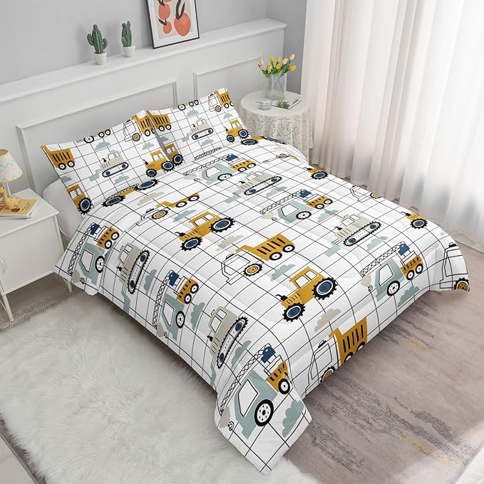 Datura home Construction Truck Set for Boys Kids Children, Machinery Excavators Vehicles Cartoon Tractor Bedding with 1 and 2 Pillowcases(ConstructionTruck Full), Full 80x90inches