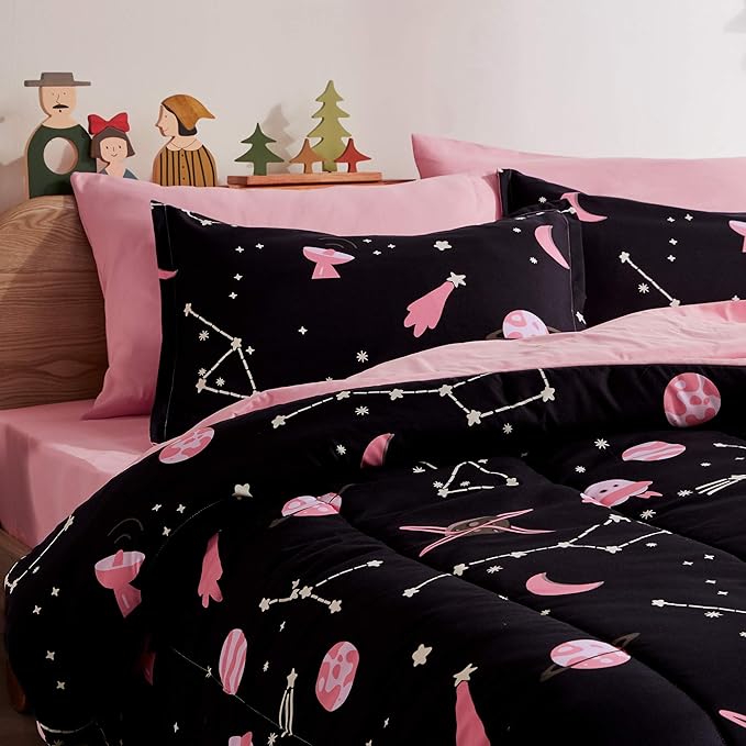 SLEEP ZONE Kids Bedding Comforter Set Full/Queen Size - Super Cute & Soft Kids Bedding 7 Pieces Set with Comforter, Sheet, Pillowcase & Sham (Pink Galaxy)