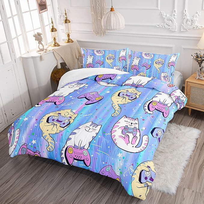 Datura home Cat Comforter Set Blue Kawaii Cat Printed Quilt Bedding Set with 1 Comforter and 2 Pillowcases for Boys and Girls Bedroom All Season(Blue Cat Full)