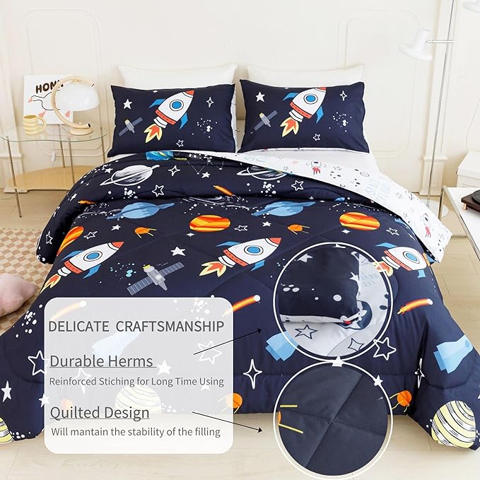RYNGHIPY Kids Comforter Set Queen Size, Cute Space Rocket Bedding Set for Boys Girls, Space Themed Teen Boy Bedding (Space Rocket,Queen)